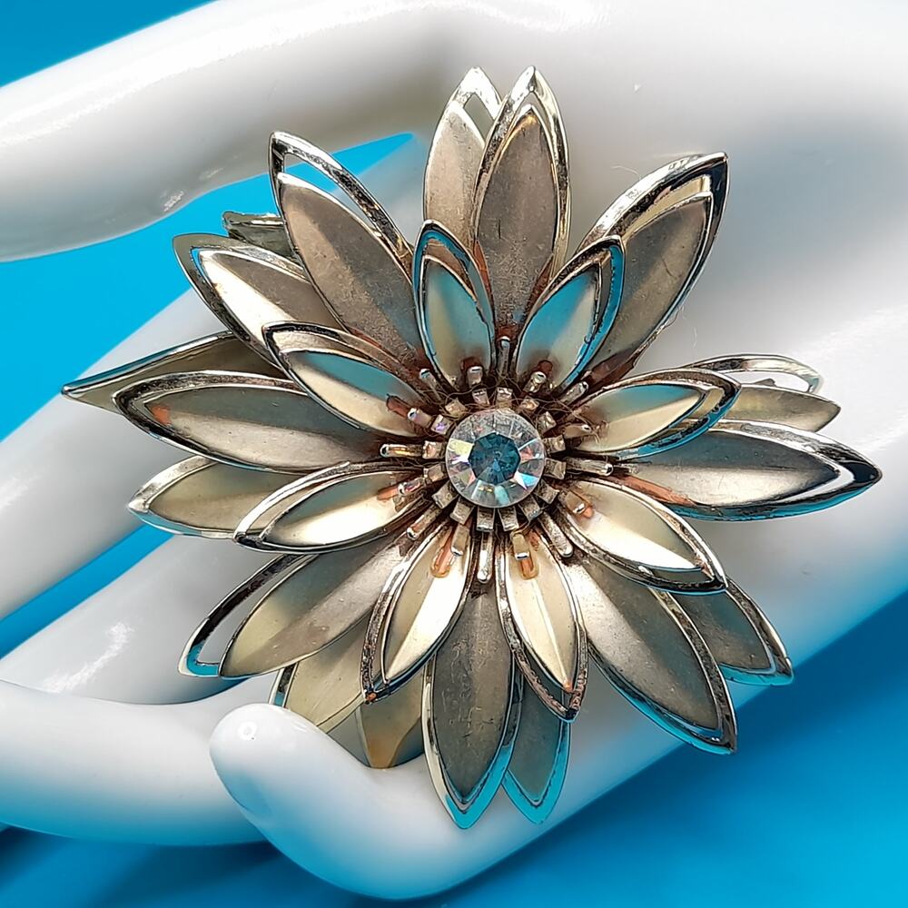Vintage Gold Tone Flower Brooch, AB Rhinestone, 1960s, 2 3/8 Inch